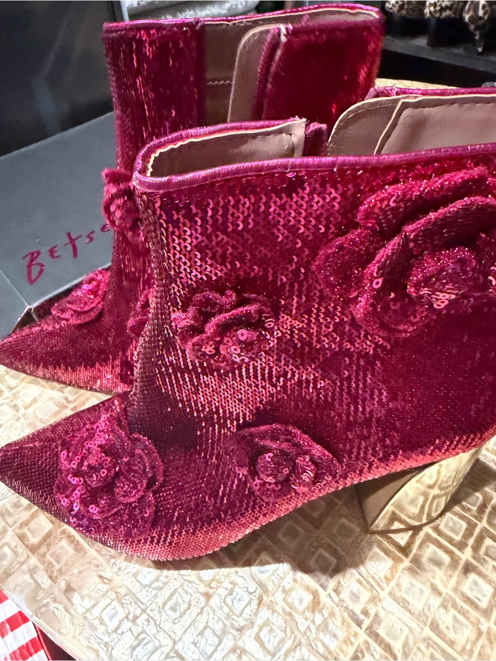 Betsey Johnson Deep Pink Velvet Sequin Floral Ankle Boots